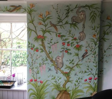 vine monkey bird mural